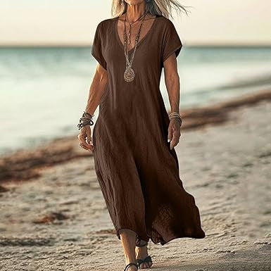 Robe Décontractée en Coton et Lin à Col V – Tailles Plus Disponibles