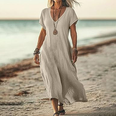Robe Décontractée en Coton et Lin à Col V – Tailles Plus Disponibles