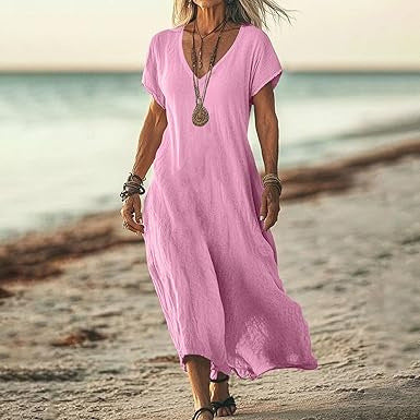 Robe Décontractée en Coton et Lin à Col V – Tailles Plus Disponibles