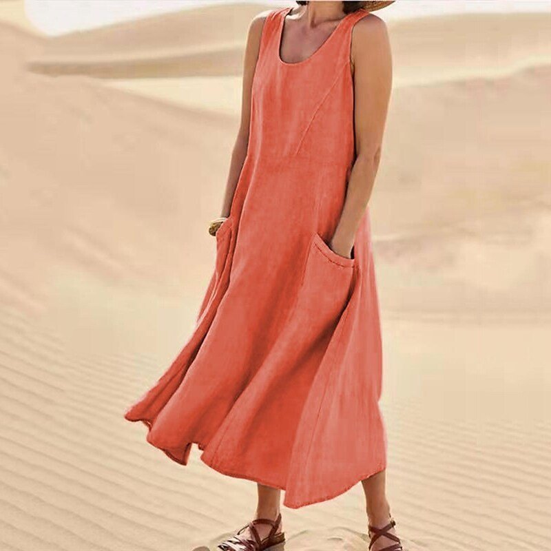Robe d’Été Sans Manches à Poches – Coton et Lin Respirant