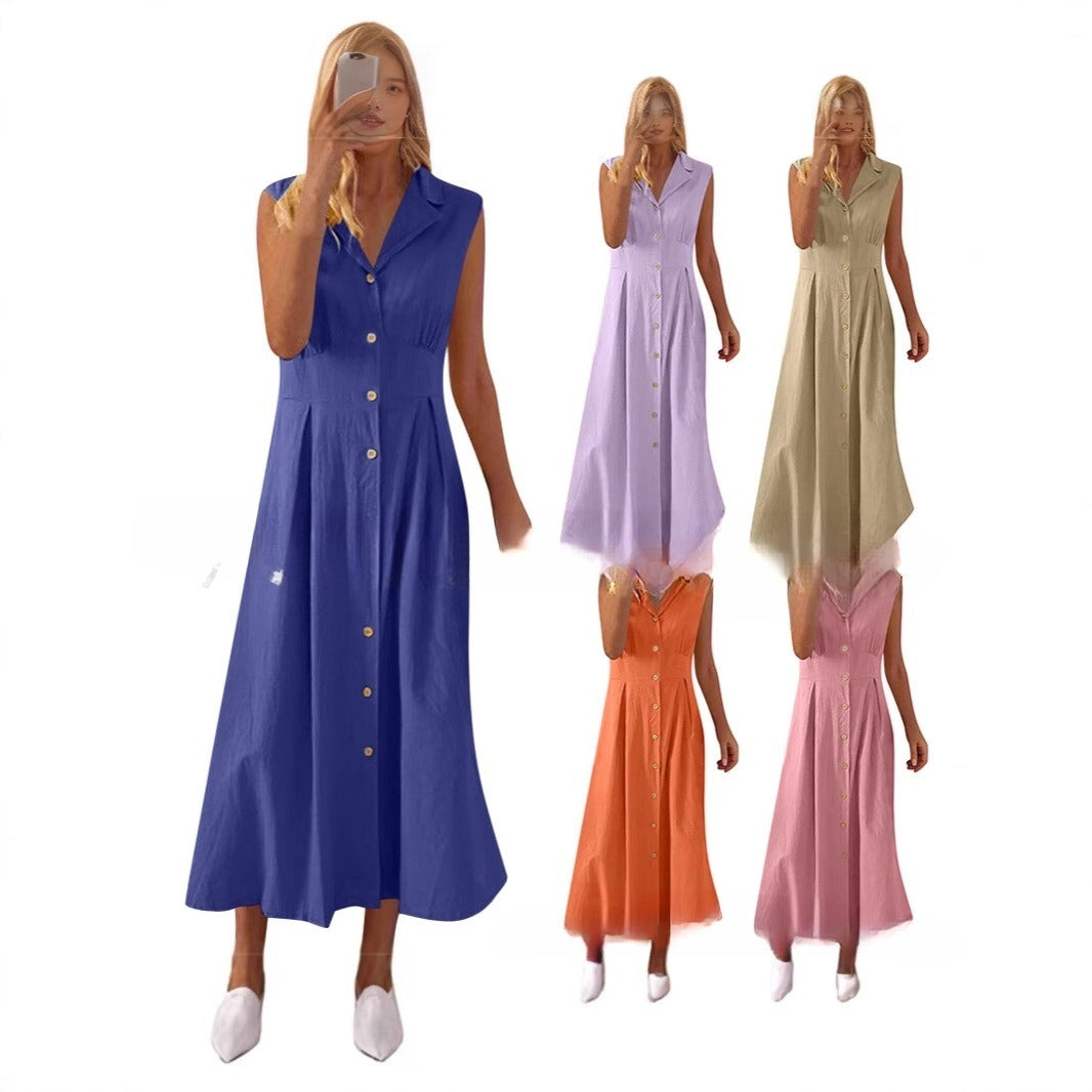 Robe Longue Sans Manches Femme Grande Taille en Coton et Lin avec Boutons