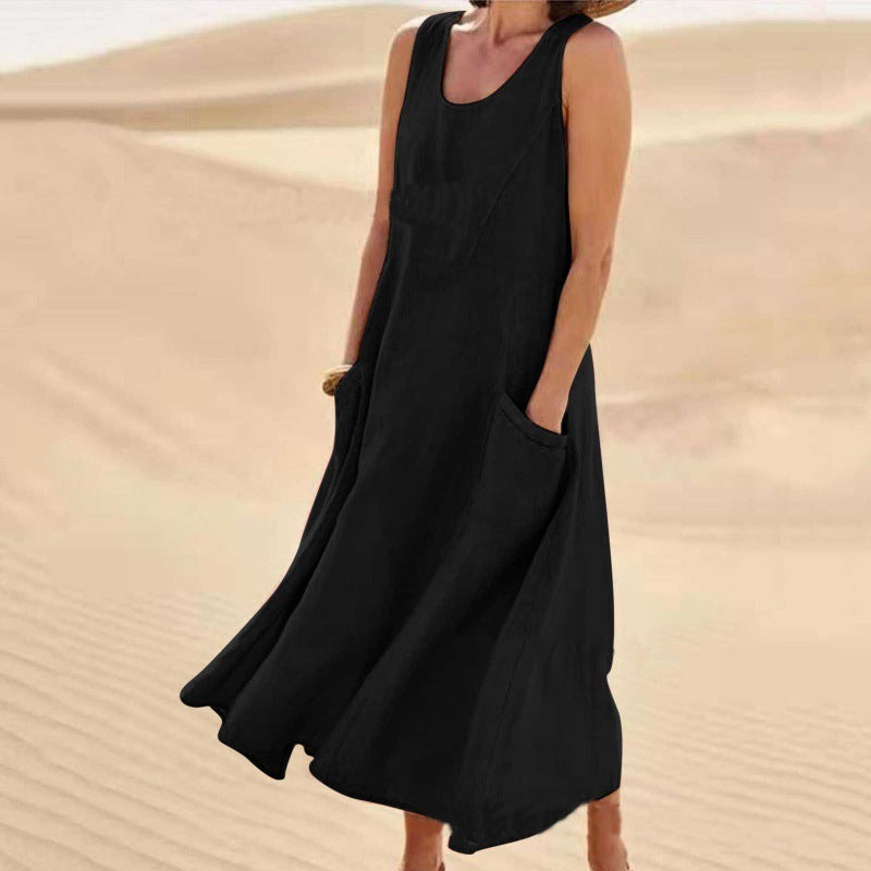 Robe d’Été Sans Manches à Poches – Coton et Lin Respirant