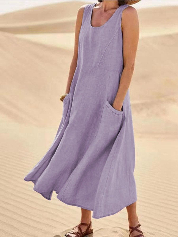 Robe d’Été Sans Manches à Poches – Coton et Lin Respirant