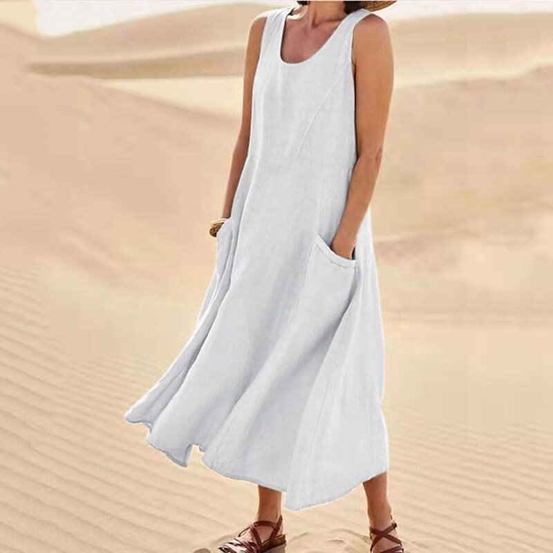 Robe d’Été Sans Manches à Poches – Coton et Lin Respirant