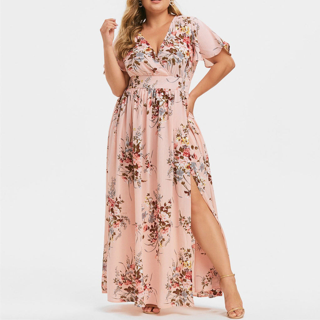 Robe d'Été Fleurie Femme à Manches Courtes – Style Européen Élégant