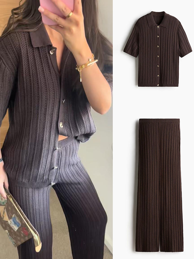 Ensemble Femme 2 Pièces Tricoté – Haut à Col Chemise & Pantalon Droit Slim