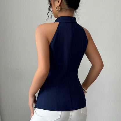 Gilet Sans Manches Femme – Top Cintré à Boutons & Col à Revers Élégant Été