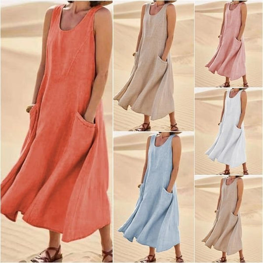 Robe d’Été Sans Manches à Poches – Coton et Lin Respirant