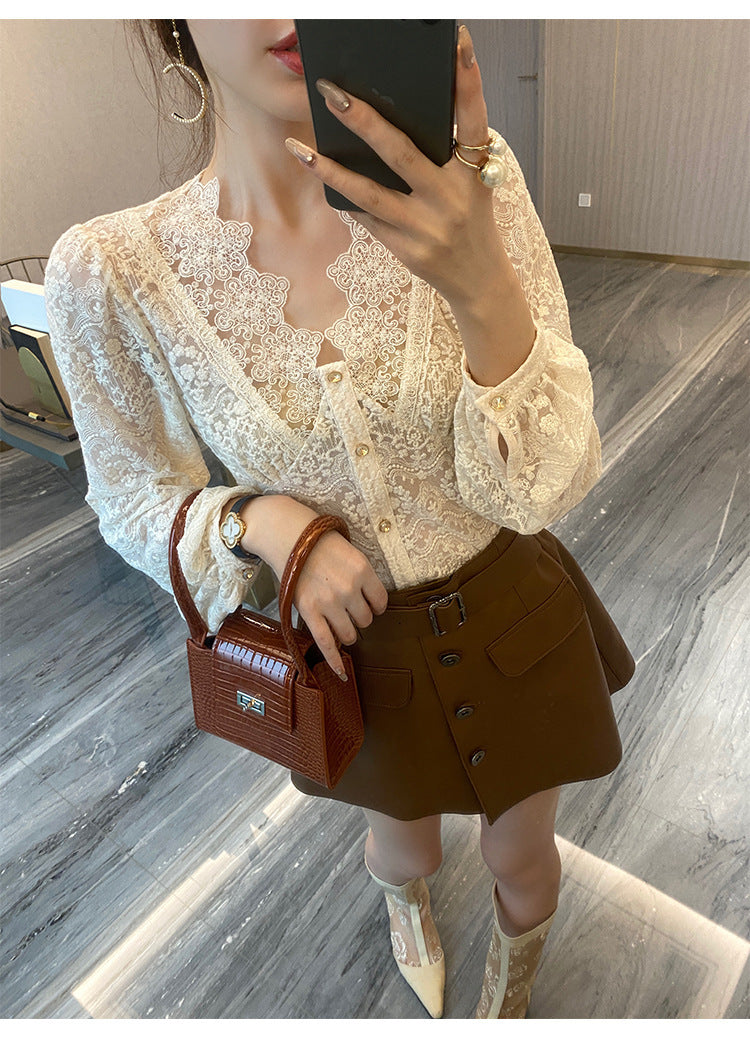 Blouse Élégante Femme en Dentelle – Style Coréen Chic