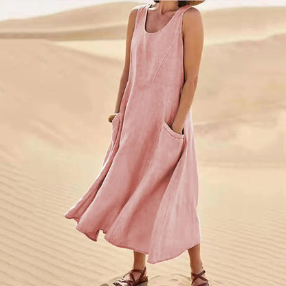 Robe d’Été Sans Manches à Poches – Coton et Lin Respirant