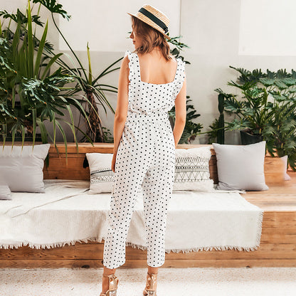Design Sense Chiffon Jumpsuit - Combinaison Sans Manches à Pois pour Femme