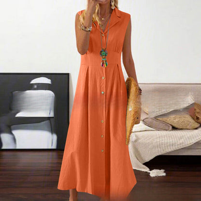 Robe Longue Sans Manches Femme Grande Taille en Coton et Lin avec Boutons