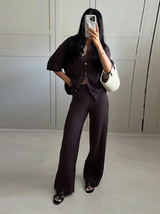 Ensemble Femme 2 Pièces Tricoté – Haut à Col Chemise & Pantalon Droit Slim