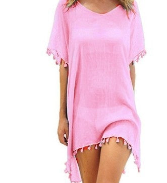 Robe Tunique de Plage Femme – Ample, Légère et Élégante avec Pompons