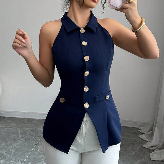 Gilet Sans Manches Femme – Top Cintré à Boutons & Col à Revers Élégant Été