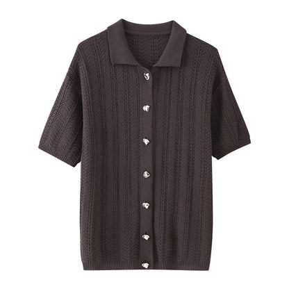 Ensemble Femme 2 Pièces Tricoté – Haut à Col Chemise & Pantalon Droit Slim