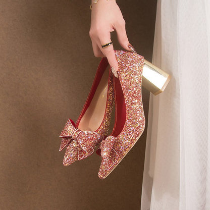 Escarpins Femme à Paillettes – Talon Épais, Bout Pointu & Style Xiuhe Mariage