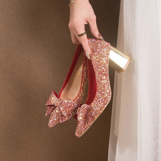Escarpins Femme à Paillettes – Talon Épais, Bout Pointu & Style Xiuhe Mariage
