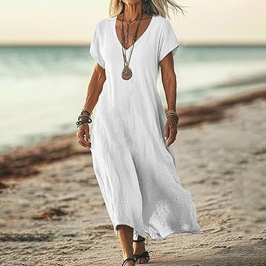 Robe Décontractée en Coton et Lin à Col V – Tailles Plus Disponibles
