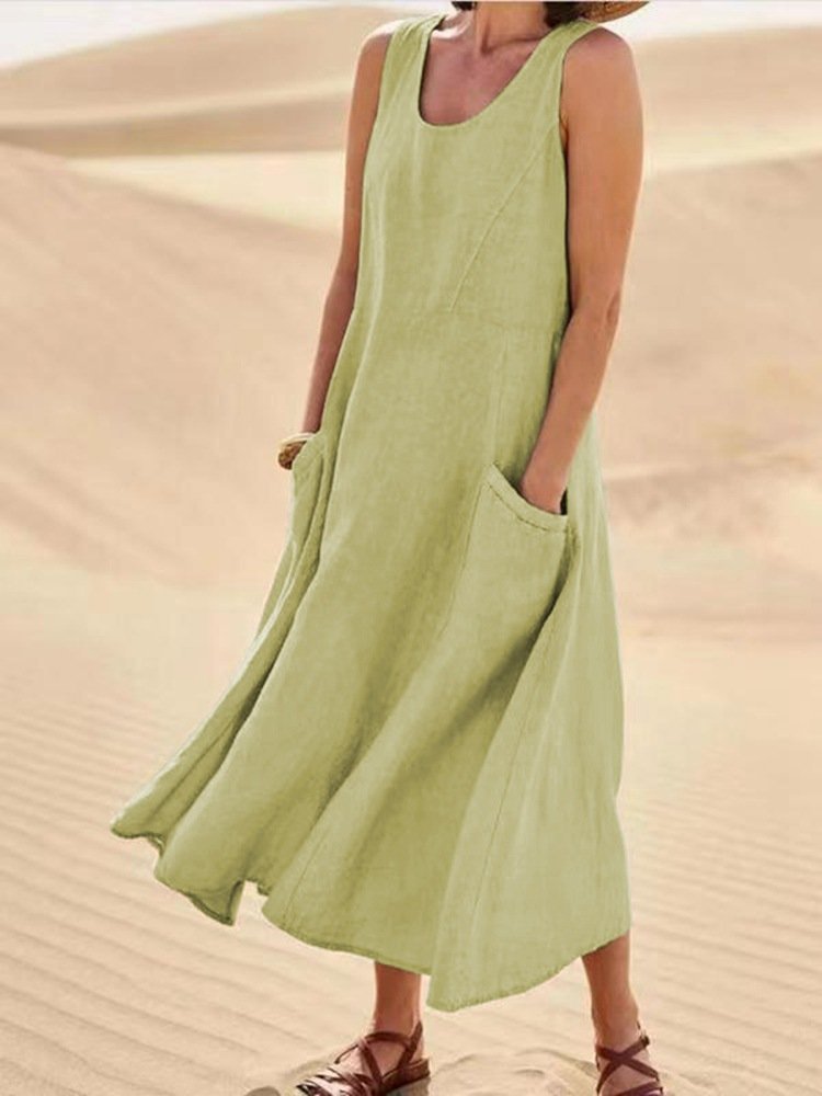 Robe d’Été Sans Manches à Poches – Coton et Lin Respirant