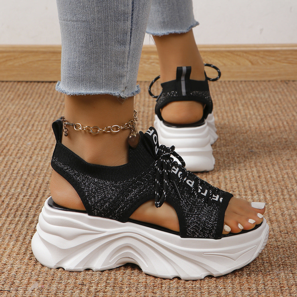 Sandales Femme à Talon Moyen – Style Sport Chic à Lacets & Mesh Respirant