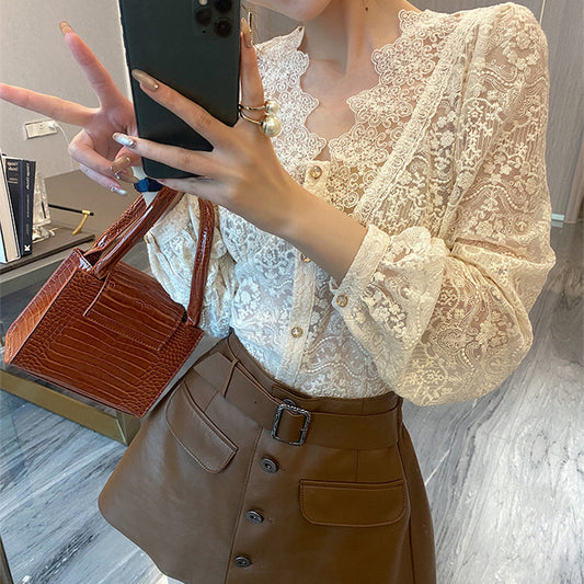 Blouse Élégante Femme en Dentelle – Style Coréen Chic