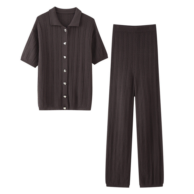 Ensemble Femme 2 Pièces Tricoté – Haut à Col Chemise & Pantalon Droit Slim