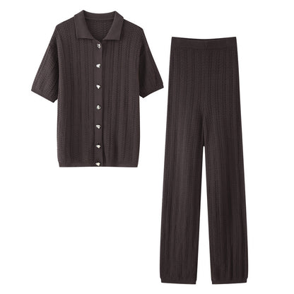 Ensemble Femme 2 Pièces Tricoté – Haut à Col Chemise & Pantalon Droit Slim
