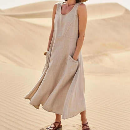 Robe d’Été Sans Manches à Poches – Coton et Lin Respirant
