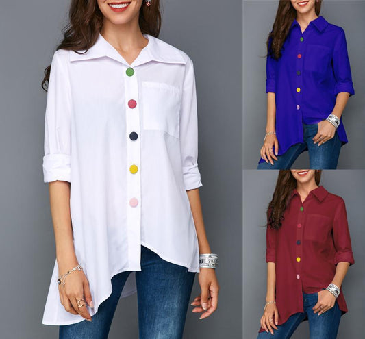 Chemise Blanche Femme Boutons Colorés – Haut Élégant et Décontracté