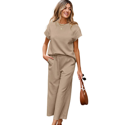 Ensemble Femme 2 Pièces Texturé – Haut Décontracté & Pantalon Large à Poches