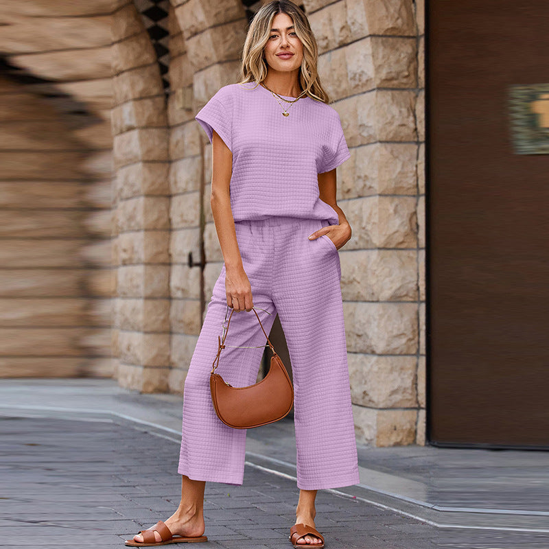 Ensemble Femme 2 Pièces Texturé – Haut Décontracté & Pantalon Large à Poches