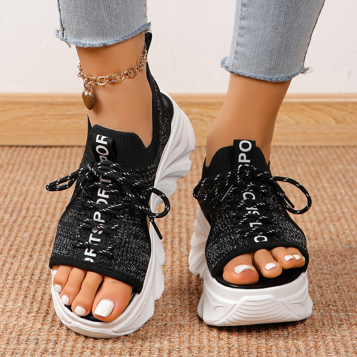 Sandales Femme à Talon Moyen – Style Sport Chic à Lacets & Mesh Respirant