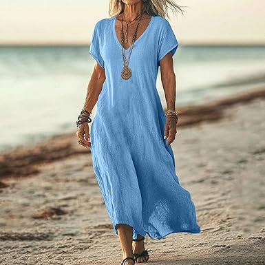 Robe Décontractée en Coton et Lin à Col V – Tailles Plus Disponibles