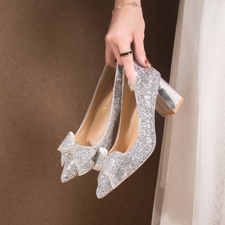 Escarpins Femme à Paillettes – Talon Épais, Bout Pointu & Style Xiuhe Mariage