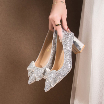 Escarpins Femme à Paillettes – Talon Épais, Bout Pointu & Style Xiuhe Mariage