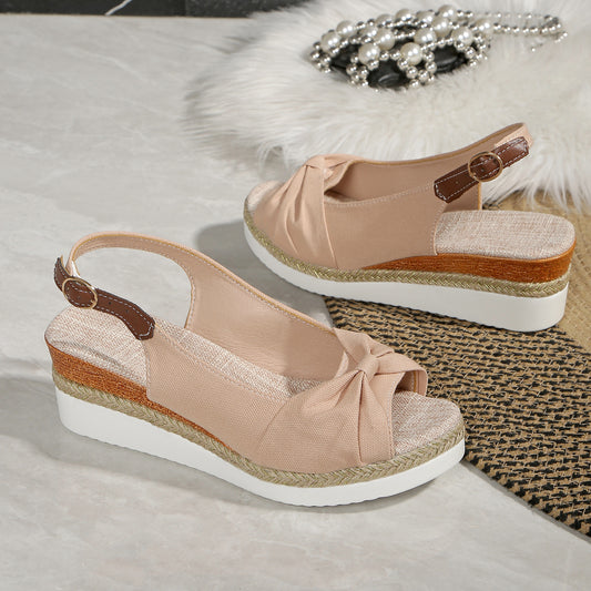 Sandales Compensées Femme – Style Décontracté avec Nœud & Bout Ouvert